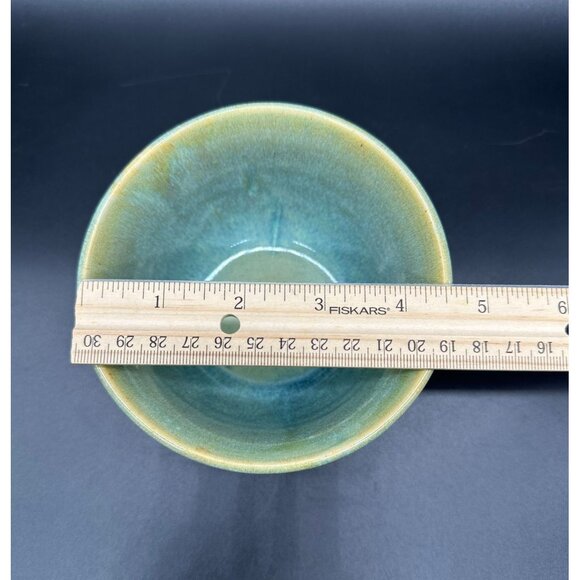 Art Pottery Bowl Green Blue Drip Swirl Glaze Unique Signed Gan Handmade Dish - Picture 9 of 10